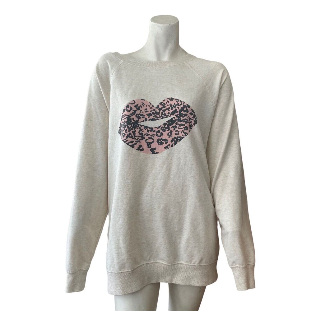 Wildfox Sweatshirt Womens Medium Oatmeal Off White Leopard Kissing Lips Stretch